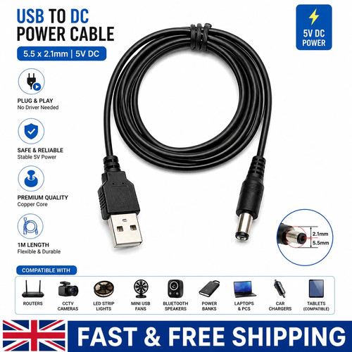 Usb 5mm 2 1mm barrel - 1m,