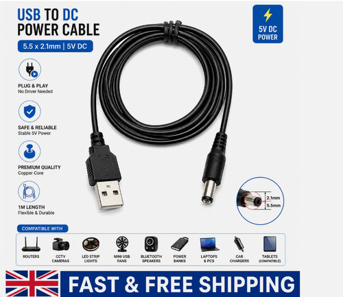 Usb 5mm 2 - 1m, barrel